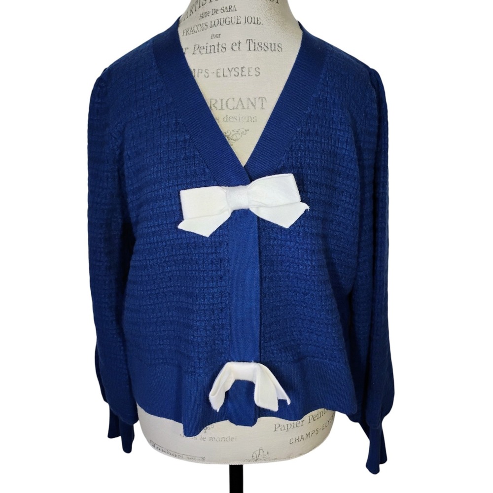 Express NWT V Neck Bow Cardigan Womens XL Navy Blue Nautical Twee Bishop Dainty
